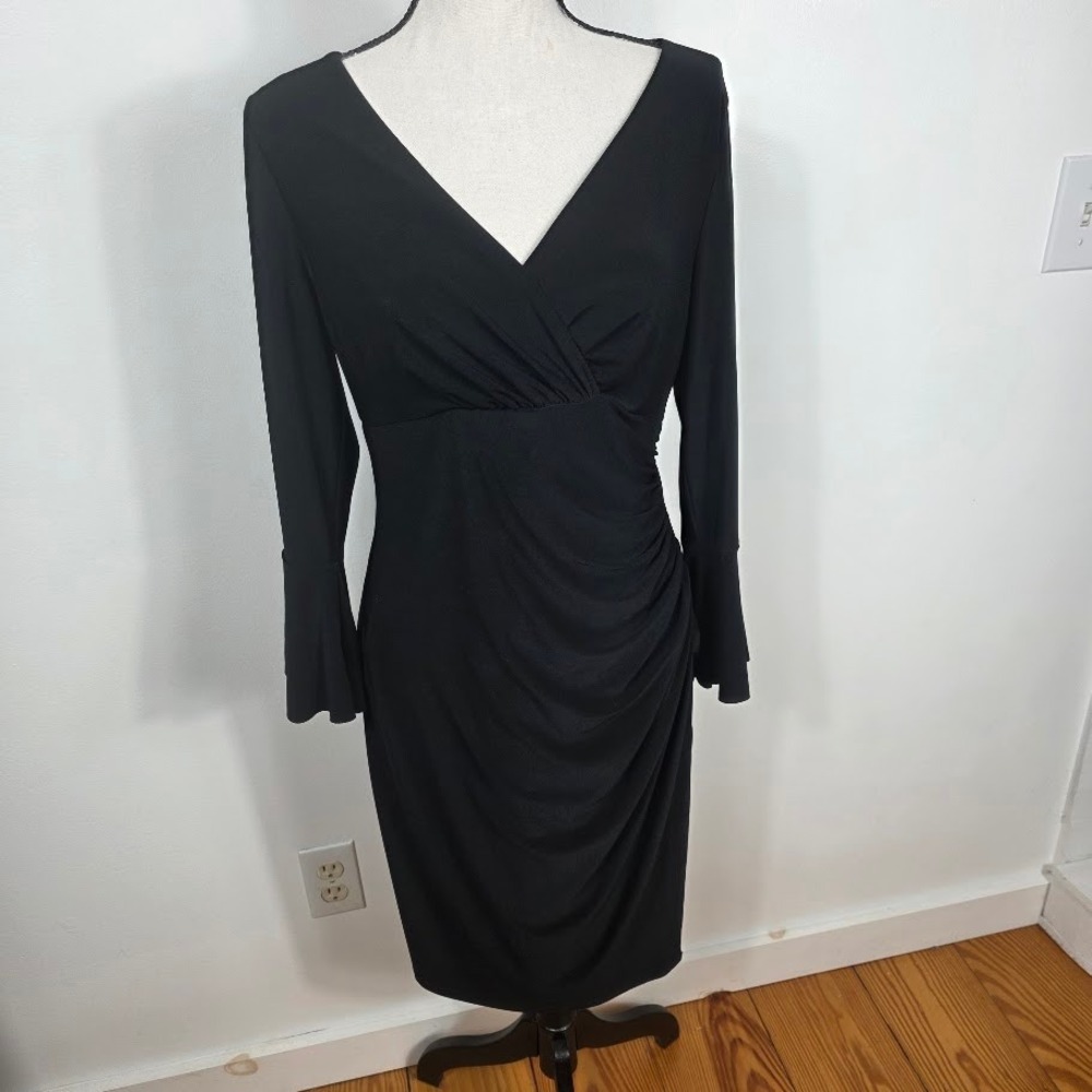 Lauren Ralph Lauren Black V Neck Bell Sleeve Ruched Sheath Dress Size 10